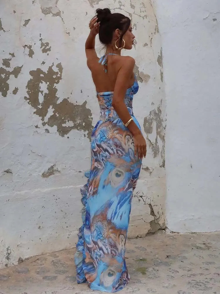 Women’s Halter Maxi Dress – Satin-Like Fabric – Ruched – High Slit Formal Gown