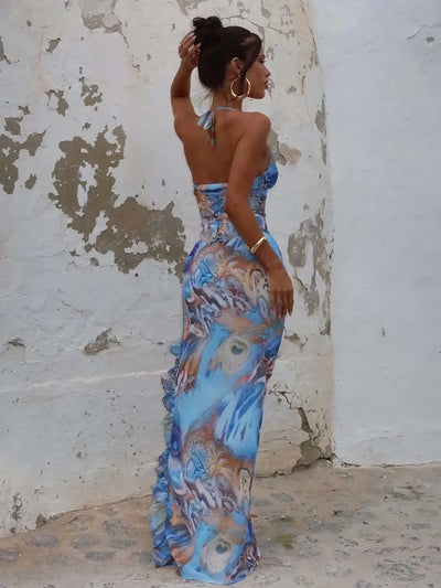 Women’s Halter Maxi Dress – Satin-Like Fabric – Ruched – High Slit Formal Gown