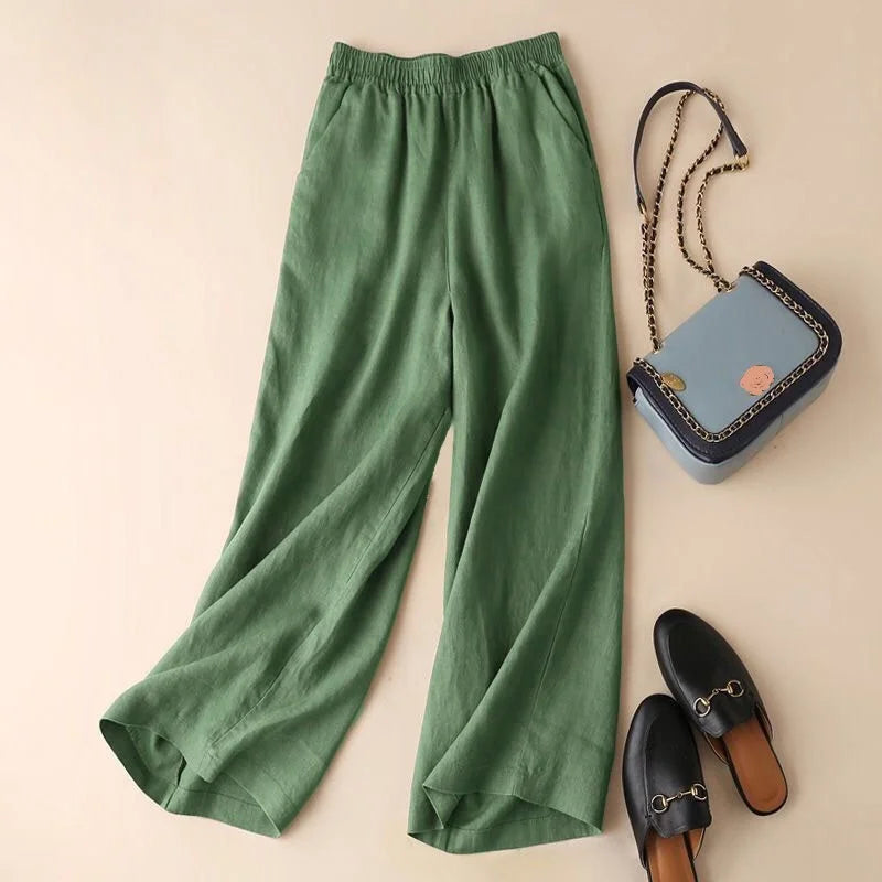 Women’s Wide-Leg Pants – Linen Blend – Relaxed Fit – Elastic Waist – Full Length