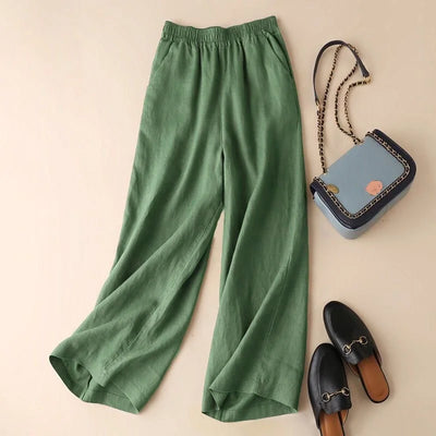 Women’s Wide-Leg Pants – Linen Blend – Relaxed Fit – Elastic Waist – Full Length