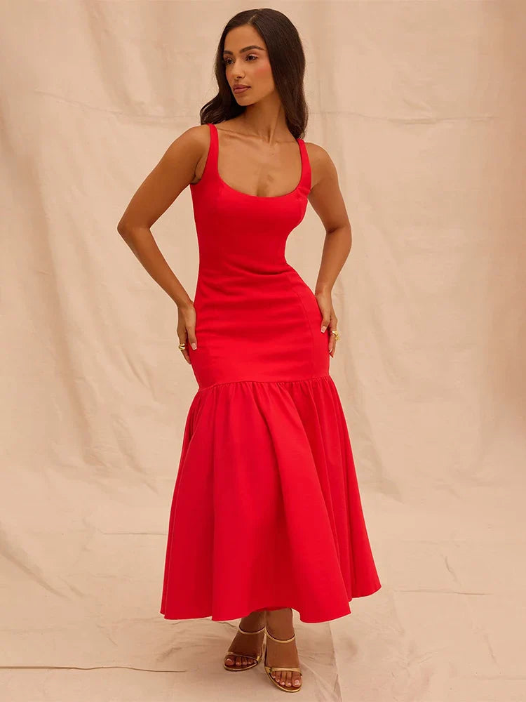 Women’s Midi Dress – Fitted Bodice – Scoop Neck – Sleeveless – A-Line Skirt