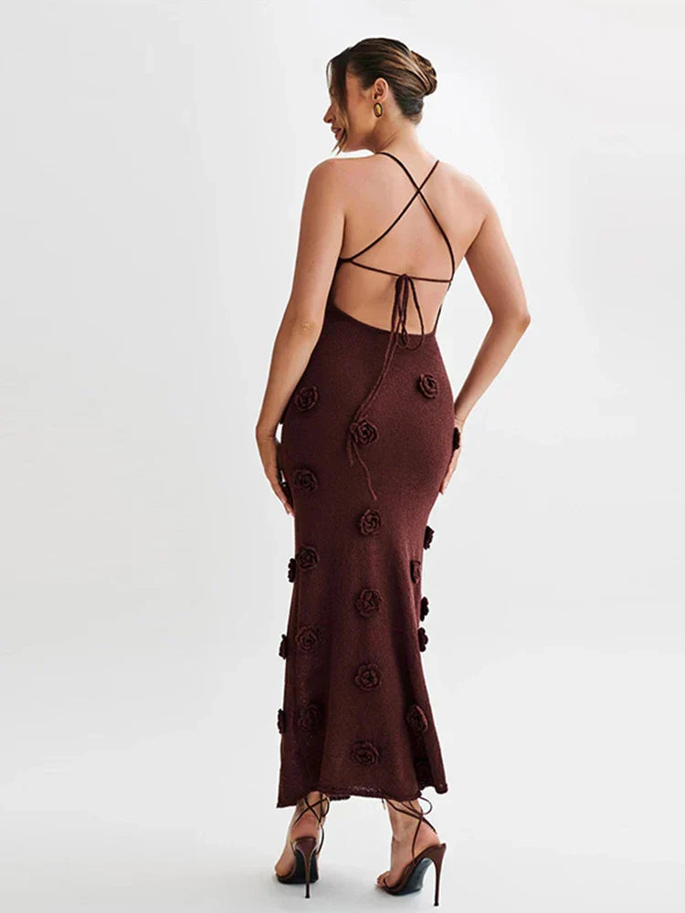 Mireille - Deep-V Neck Flower Knitted Bodycon Dress