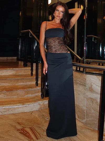 Noemi - Cryptographic Lace Trimmed Backless Maxi Dress