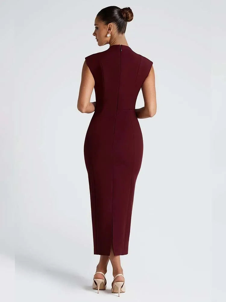 Women’s Midi Dress – Bodycon Fit – Deep V-Neck – Sleeveless – Stretch Structured Fabric