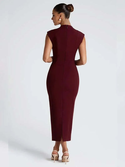 Women’s Midi Dress – Bodycon Fit – Deep V-Neck – Sleeveless – Stretch Structured Fabric