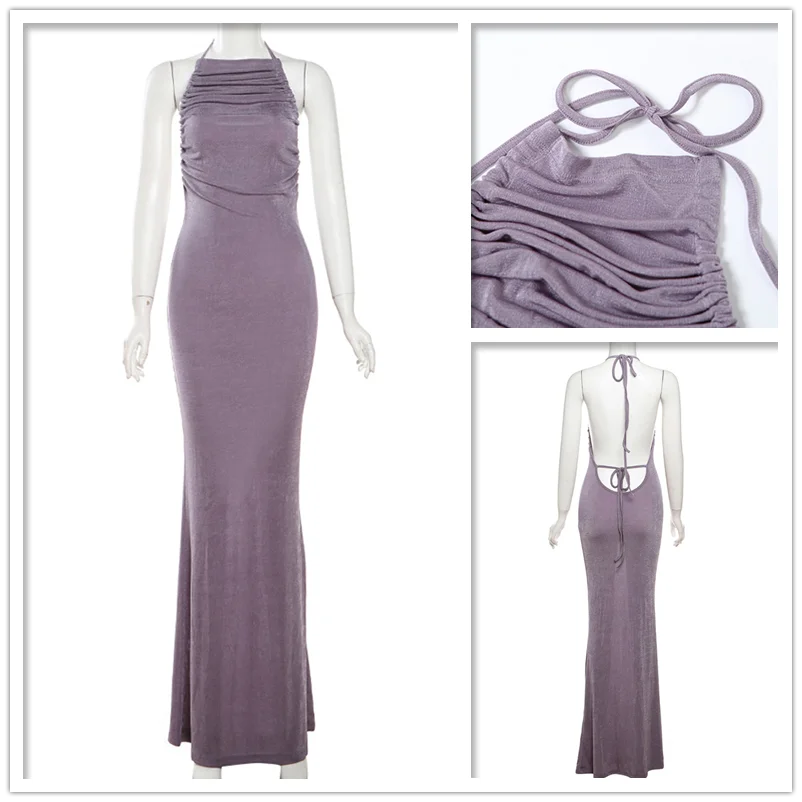 Women’s Evening Gown – Bodycon Fit – Halter Neck – Draped Bust – Full Length Sleeveless