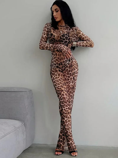 Women’s Jumpsuit – Slim Fit Sheer Fabric – Leopard Print – Long Sleeve Full Length