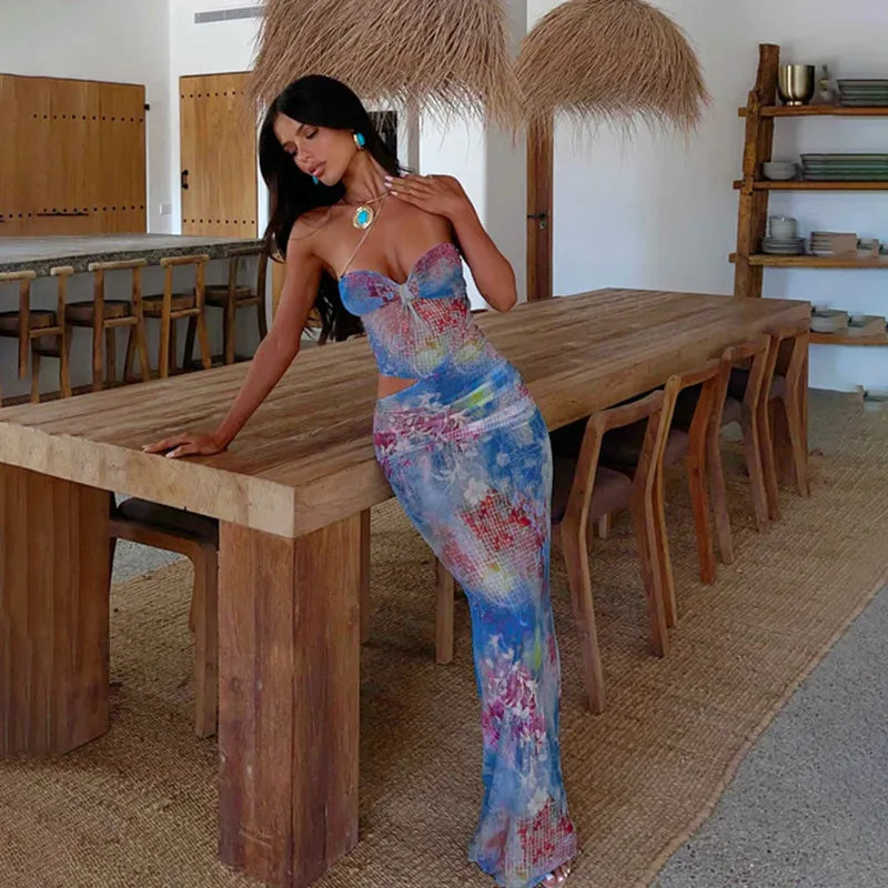 Women’s Maxi Dress – Strapless Bodycon – Cut-Out Waist – Stretch Fabric – Full Length