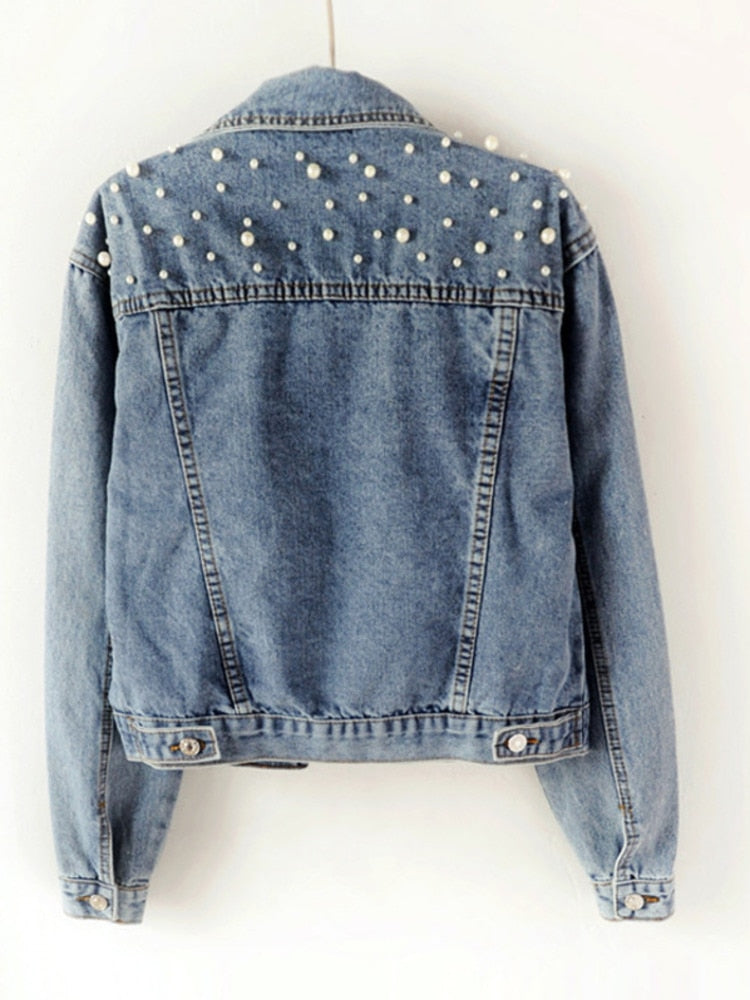 Avencea | Elegant Denim Jacket with Pearl Embellishments