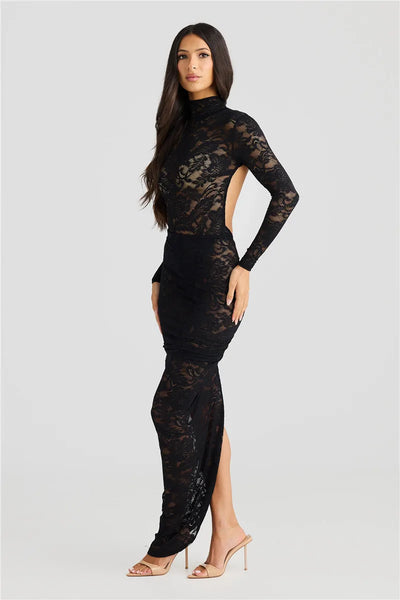 Women’s Slip Dress – Lace Bodycon Fit – Long Sleeve – High Neck – Thigh Slit – Floor Length