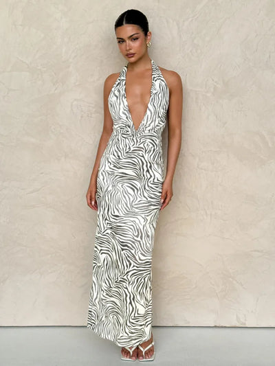 Women’s Maxi Dress – Slim Fit – Halter Neck – Plunging Neckline – Animal Print – Flowy Fabric