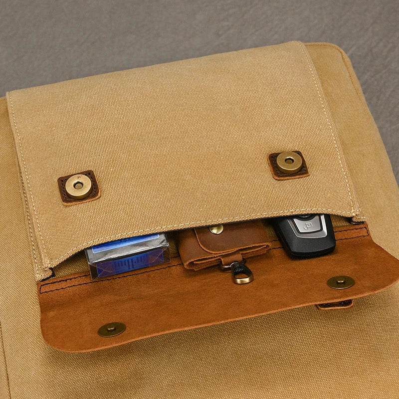 Genuine Leather & Canvas Rucksack - Vintage College Laptop Backpack