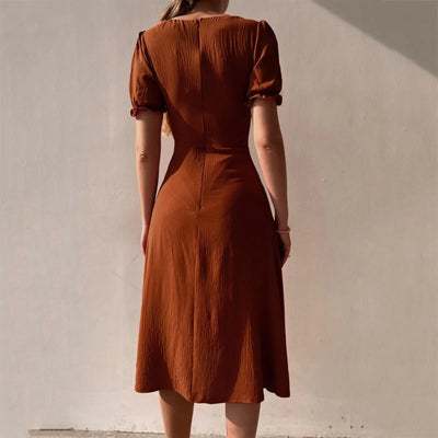 Women’s Midi Dress – Slim Fit – Sweetheart Neckline – Puff Sleeves – Front Slit Buttons