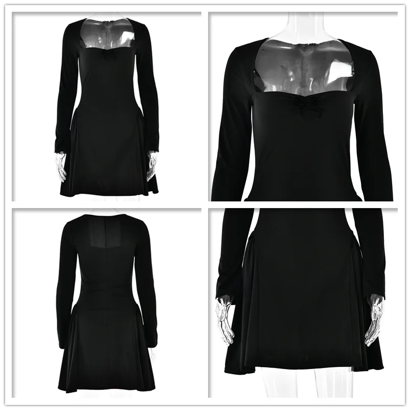 Women’s Mini Dress – Fitted A-Line – Sweetheart Neck – Ruched Bodice – Long Sleeve