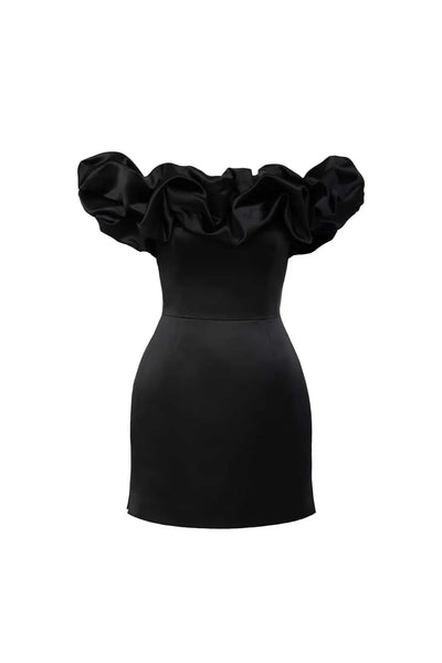 Women’s Mini Dress – Satin Fabric – Tailored Fit – Off-Shoulder Ruffle Sleeves