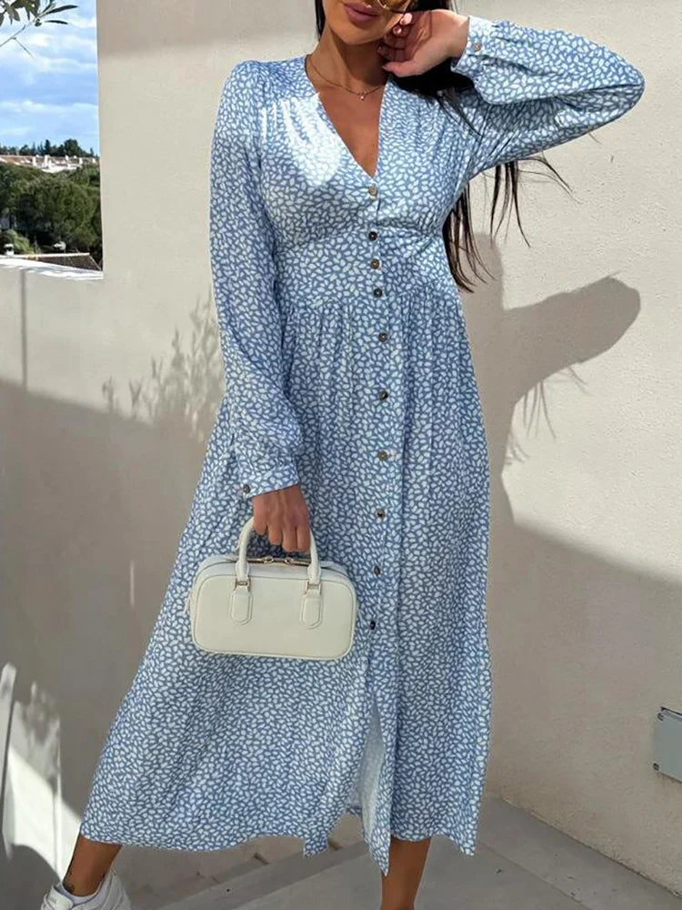 Women’s Maxi Dress – Floral Print – V-Neck – Button-Down – Long Sleeve Cotton