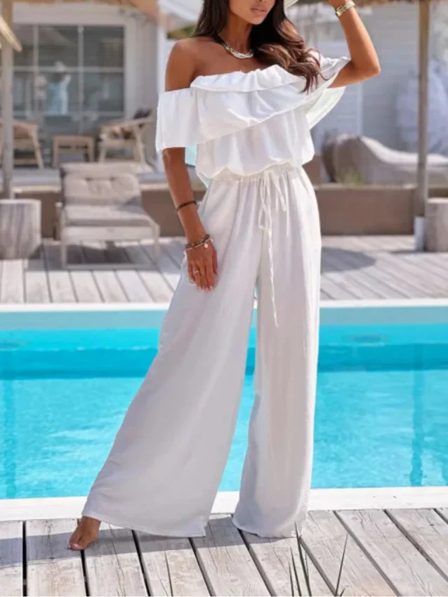 Women’s Jumpsuit – Off Shoulder Ruffle Neckline – Relaxed Fit Wide Leg – Lightweight Blend