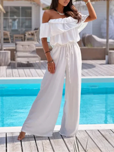 Women’s Jumpsuit – Off Shoulder Ruffle Neckline – Relaxed Fit Wide Leg – Lightweight Blend