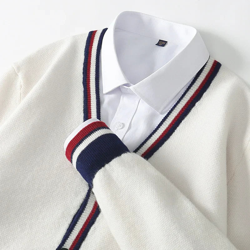 Men’s Cardigan – Wool Blend – Relaxed Fit – V-Neck – Button-Up – Contrasting Trim