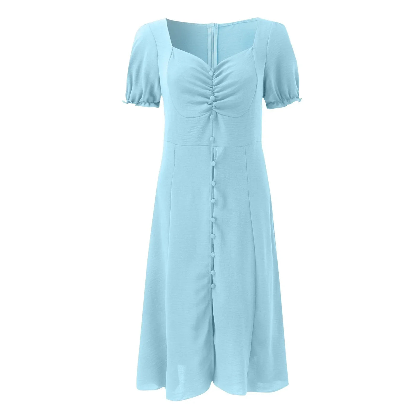 Women’s Midi Dress – Slim Fit – Sweetheart Neckline – Puff Sleeves – Front Slit Buttons