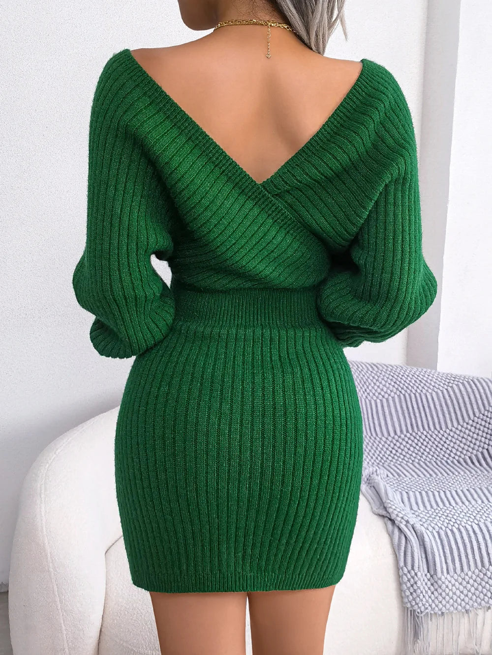 Women’s Mini Dress – Ribbed Knit – Slim Fit – Wrap V-Neck – Long Sleeve Dressy Style