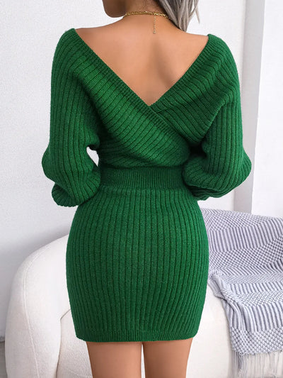 Women’s Mini Dress – Ribbed Knit – Slim Fit – Wrap V-Neck – Long Sleeve Dressy Style