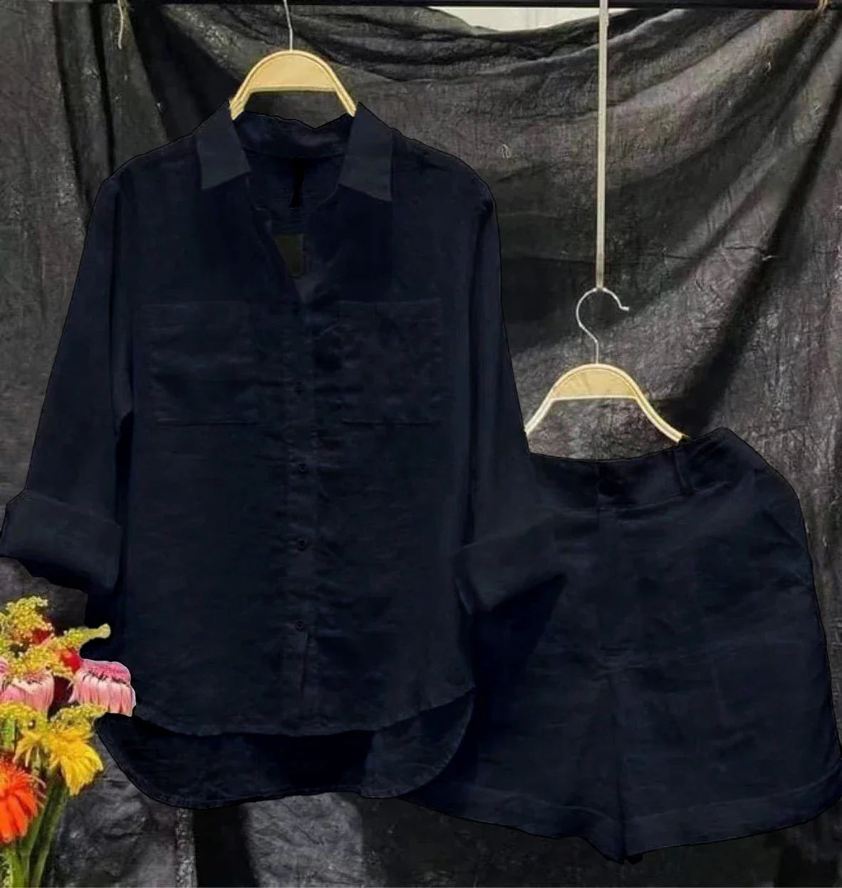 Women’s Two-Piece Set – Linen Blend – Relaxed Fit – Button-Up Shirt and High-Waist Shorts