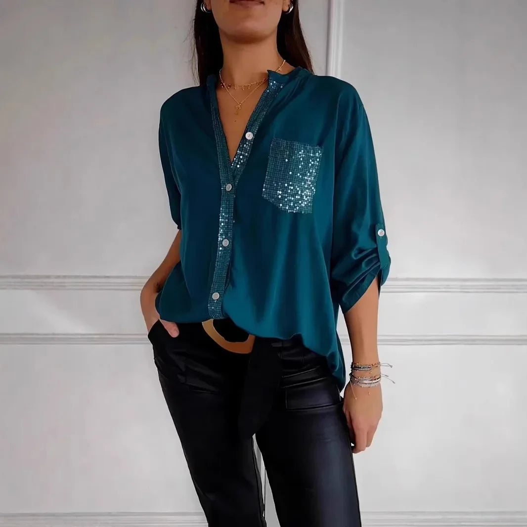 Vivienne – Tailored Blouse with Glitter Chest Pocket