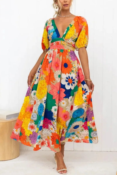 Women’s Maxi Dress – V-Neck – Puff Sleeves – Floral Print – Flowy Relaxed Fit