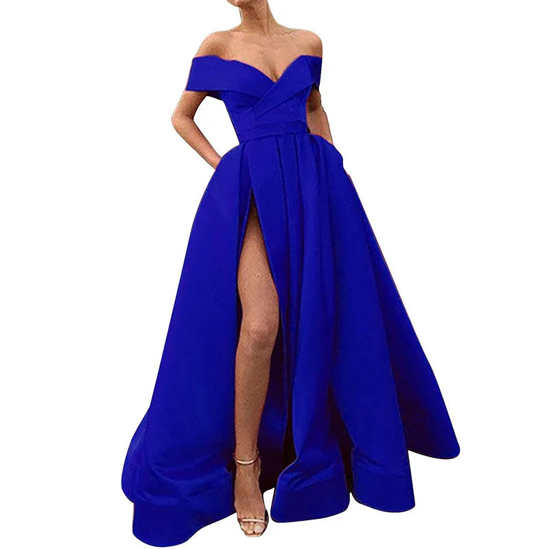 Women’s Evening Gown – Satin Blend – Off Shoulder – High Slit – A-Line Floor Length
