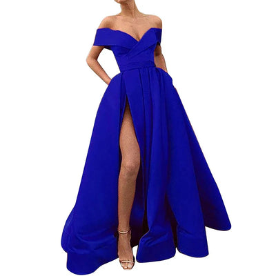 Women’s Evening Gown – Satin Blend – Off Shoulder – High Slit – A-Line Floor Length