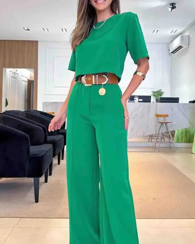 Eloisa - Short-Sleeved Cropped Top Tailored Pants Set