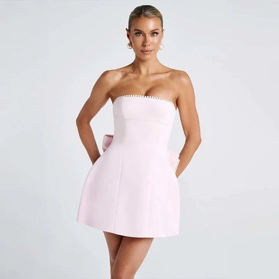 Women’s Mini Dress – Strapless Satin – Slim Fit – Back Bow – Beaded Trim Partywear