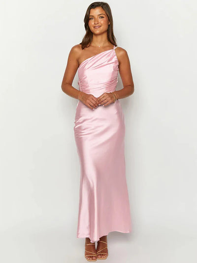 Women’s Evening Gown – Satin One-Shoulder – Fitted Silhouette – Floor-Length Formal Dress