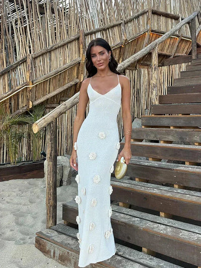 Mireille - Deep-V Neck Flower Knitted Bodycon Dress