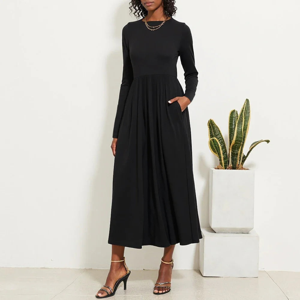 Women’s Midi Dress – Knit Fabric – Fitted Bodice – A-Line Silhouette – Long Sleeve
