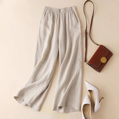 Women’s Wide-Leg Pants – Linen Blend – Relaxed Fit – Elastic Waist – Full Length