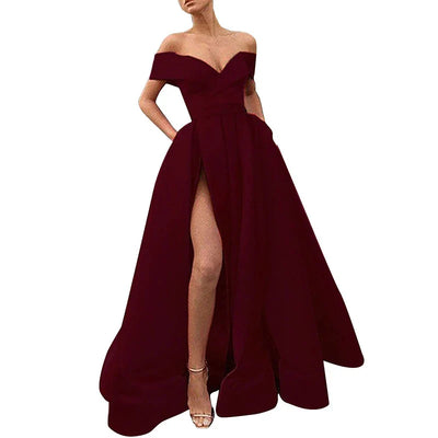 Women’s Evening Gown – Satin Blend – Off Shoulder – High Slit – A-Line Floor Length