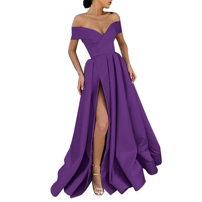 Women’s Evening Gown – Satin Blend – Off Shoulder – High Slit – A-Line Floor Length
