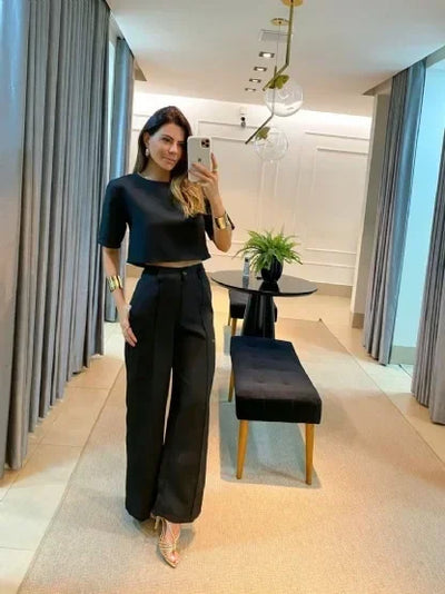 Eloisa - Short-Sleeved Cropped Top Tailored Pants Set