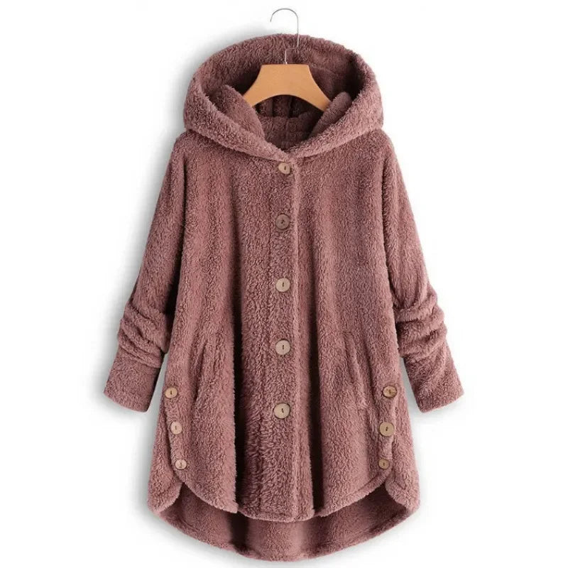 Women’s Fleece Jacket – Relaxed Fit – Hooded – Button Front – Extended Back Hem