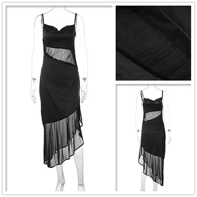 Women’s Midi Dress – Satin Slim Fit – V-Neck – Spaghetti Straps – Asymmetrical Hem