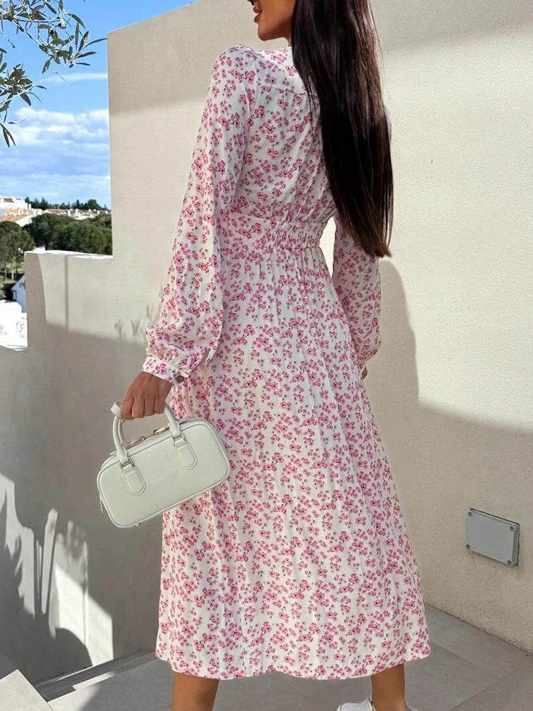 Women’s Maxi Dress – Floral Print – V-Neck – Button-Down – Long Sleeve Cotton