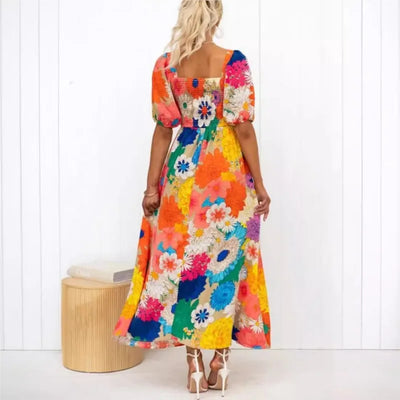 Women’s Maxi Dress – V-Neck – Puff Sleeves – Floral Print – Flowy Relaxed Fit