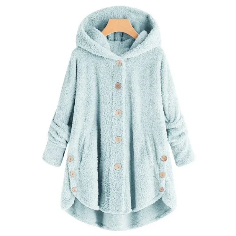 Women’s Fleece Jacket – Relaxed Fit – Hooded – Button Front – Extended Back Hem