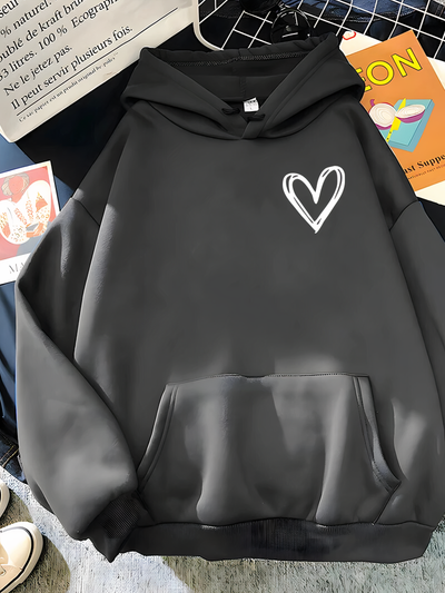 Women’s Hoodie – Relaxed Fit – Cotton Blend – Heart Graphic – Kangaroo Pocket
