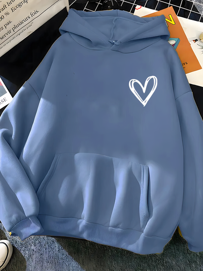 Women’s Hoodie – Relaxed Fit – Cotton Blend – Heart Graphic – Kangaroo Pocket