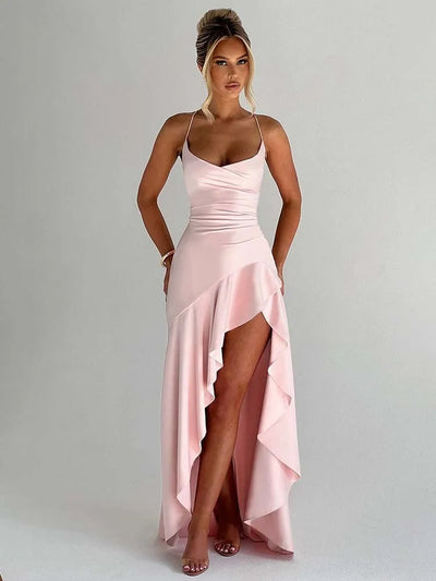 Women’s Evening Gown – Satin – Fitted Bodice – High-Low Hem – Draped Skirt – Spaghetti Straps