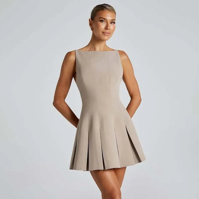 Women’s Mini Dress – High Neck Sleeveless – Fitted Bodice Pleated A-Line Skirt