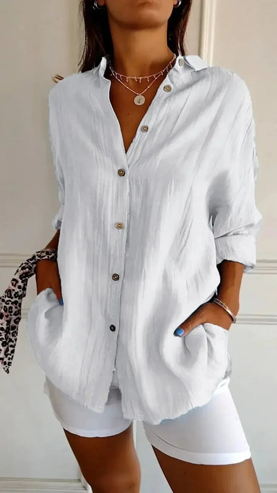 Women’s Button-Up Shirt – Relaxed Fit – Crinkled Texture – Long Sleeve Casual Style